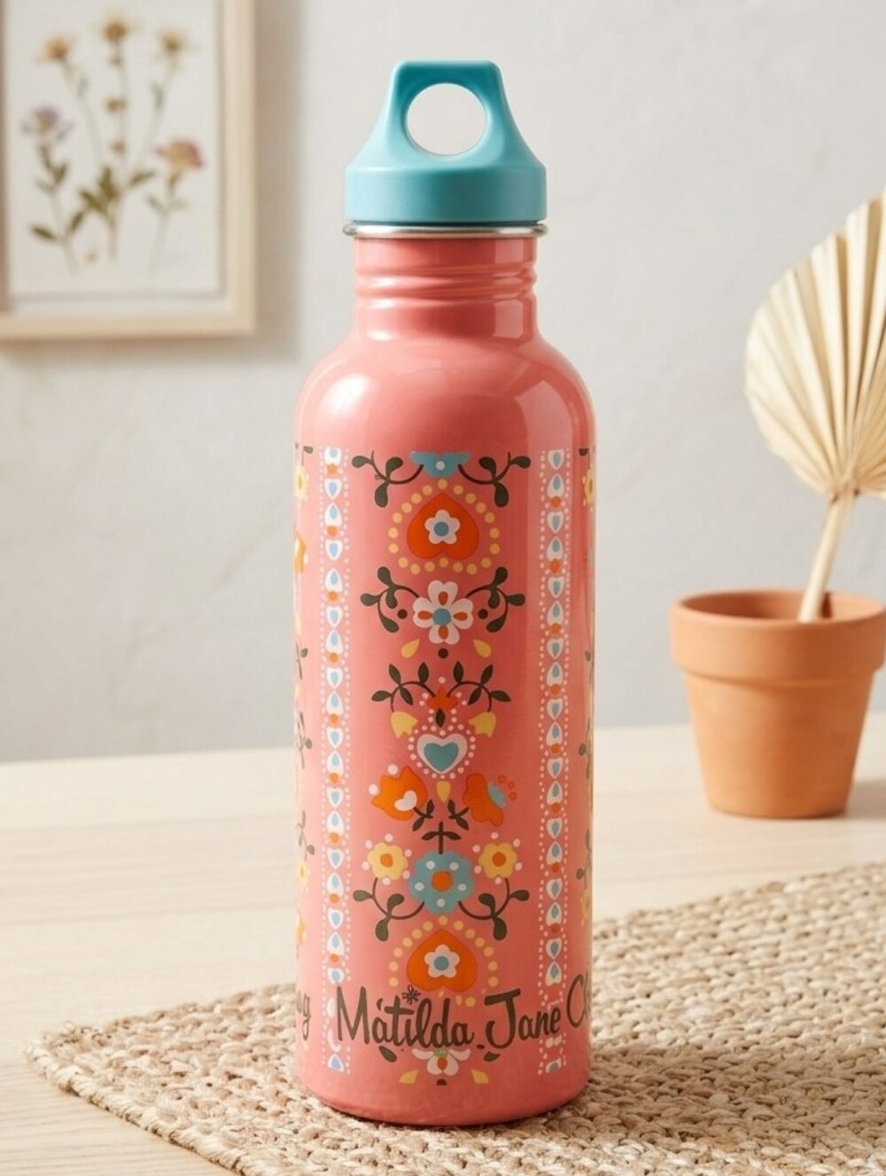 Matilda Jane Coral Floral Stainless Bottle with Teal Lid